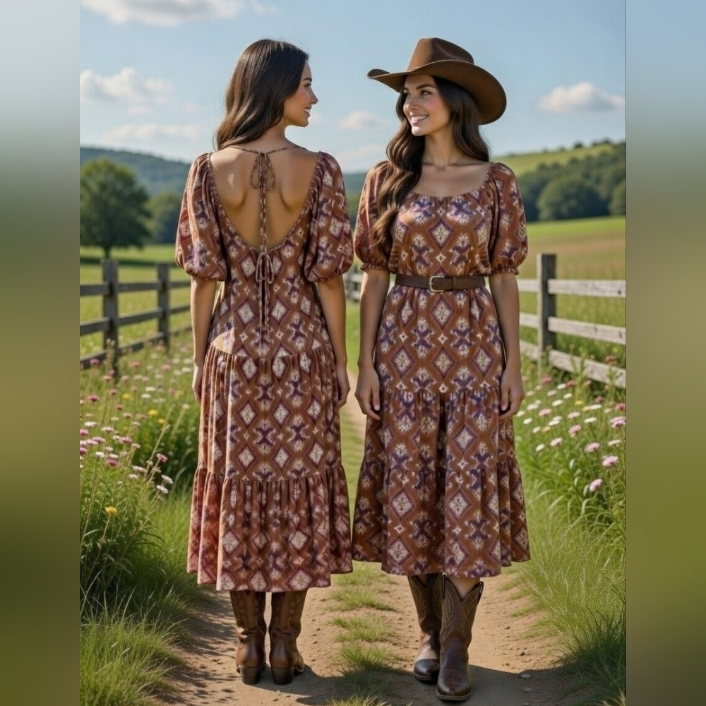 Boho Chic Terracotta Flowy Ikat Midi Dress Puff Sleeves Open Back Tie Ruffles